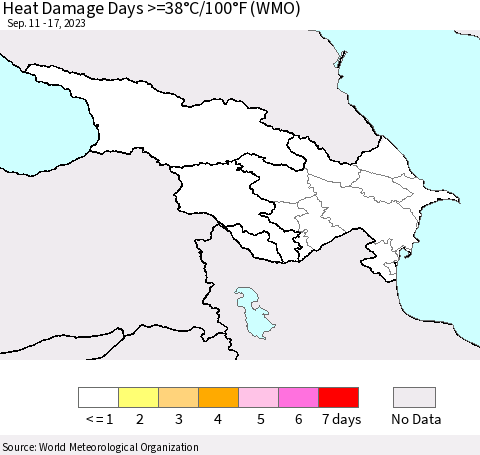 Azerbaijan, Armenia and Georgia Heat Damage Days >=38°C/100°F (WMO) Thematic Map For 9/11/2023 - 9/17/2023
