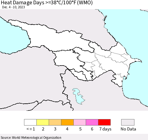 Azerbaijan, Armenia and Georgia Heat Damage Days >=38°C/100°F (WMO) Thematic Map For 12/4/2023 - 12/10/2023