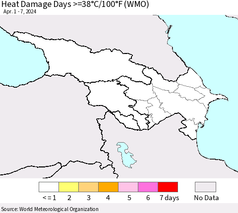 Azerbaijan, Armenia and Georgia Heat Damage Days >=38°C/100°F (WMO) Thematic Map For 4/1/2024 - 4/7/2024