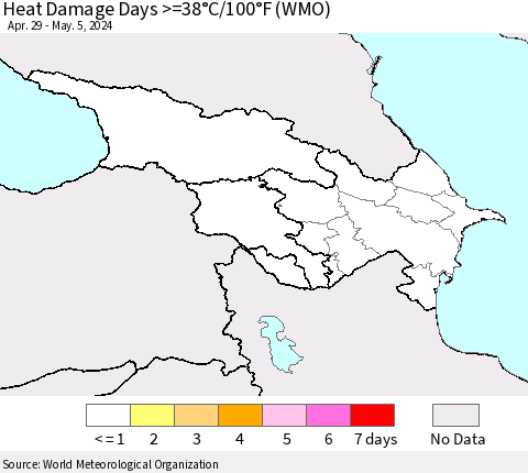 Azerbaijan, Armenia and Georgia Heat Damage Days >=38°C/100°F (WMO) Thematic Map For 4/29/2024 - 5/5/2024