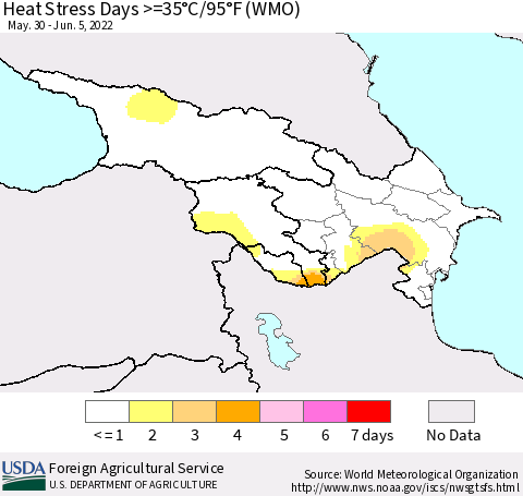 Azerbaijan, Armenia and Georgia Heat Stress Days >=35°C/95°F (WMO) Thematic Map For 5/30/2022 - 6/5/2022