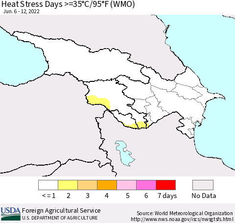 Azerbaijan, Armenia and Georgia Heat Stress Days >=35°C/95°F (WMO) Thematic Map For 6/6/2022 - 6/12/2022
