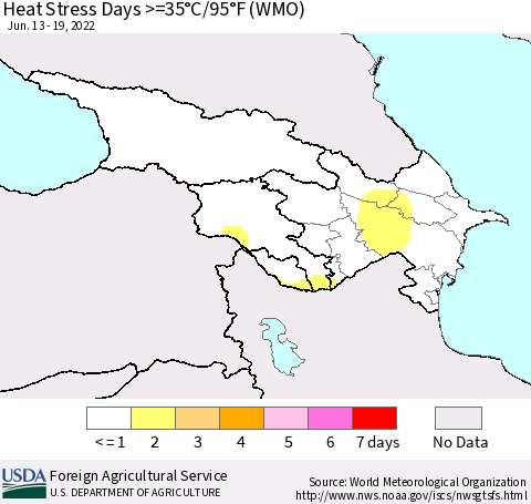 Azerbaijan, Armenia and Georgia Heat Stress Days >=35°C/95°F (WMO) Thematic Map For 6/13/2022 - 6/19/2022