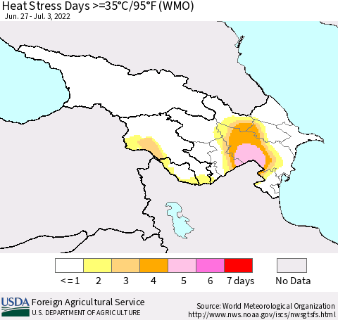 Azerbaijan, Armenia and Georgia Heat Stress Days >=35°C/95°F (WMO) Thematic Map For 6/27/2022 - 7/3/2022