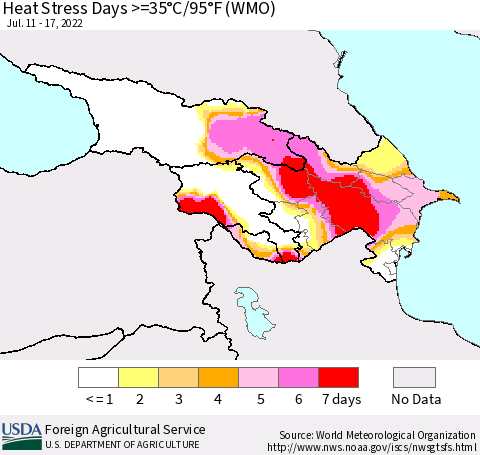 Azerbaijan, Armenia and Georgia Heat Stress Days >=35°C/95°F (WMO) Thematic Map For 7/11/2022 - 7/17/2022