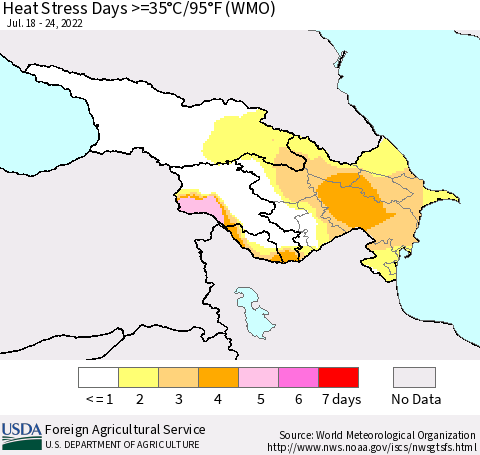 Azerbaijan, Armenia and Georgia Heat Stress Days >=35°C/95°F (WMO) Thematic Map For 7/18/2022 - 7/24/2022