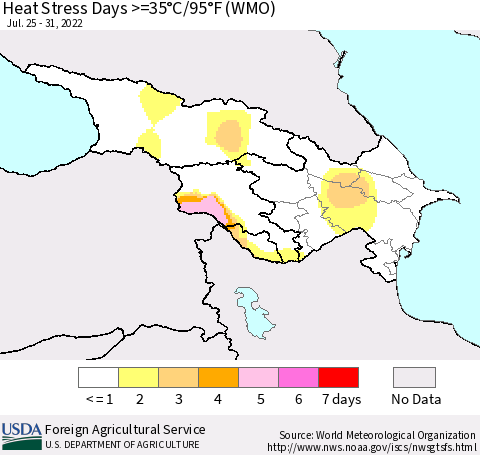 Azerbaijan, Armenia and Georgia Heat Stress Days >=35°C/95°F (WMO) Thematic Map For 7/25/2022 - 7/31/2022