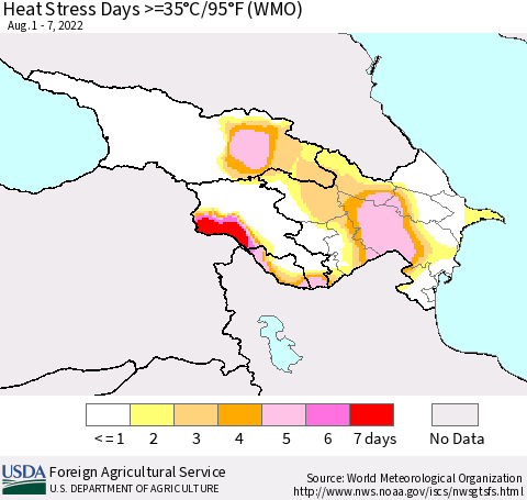 Azerbaijan, Armenia and Georgia Heat Stress Days >=35°C/95°F (WMO) Thematic Map For 8/1/2022 - 8/7/2022