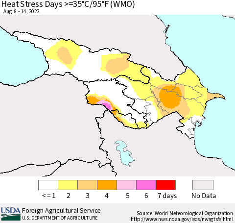 Azerbaijan, Armenia and Georgia Heat Stress Days >=35°C/95°F (WMO) Thematic Map For 8/8/2022 - 8/14/2022
