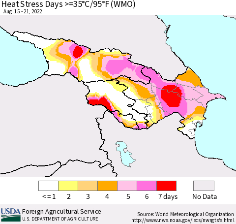 Azerbaijan, Armenia and Georgia Heat Stress Days >=35°C/95°F (WMO) Thematic Map For 8/15/2022 - 8/21/2022