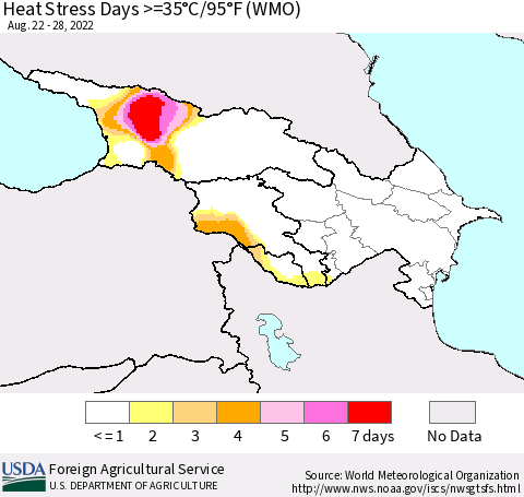 Azerbaijan, Armenia and Georgia Heat Stress Days >=35°C/95°F (WMO) Thematic Map For 8/22/2022 - 8/28/2022