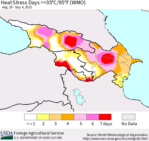 Azerbaijan, Armenia and Georgia Heat Stress Days >=35°C/95°F (WMO) Thematic Map For 8/29/2022 - 9/4/2022
