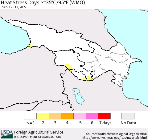 Azerbaijan, Armenia and Georgia Heat Stress Days >=35°C/95°F (WMO) Thematic Map For 9/12/2022 - 9/18/2022