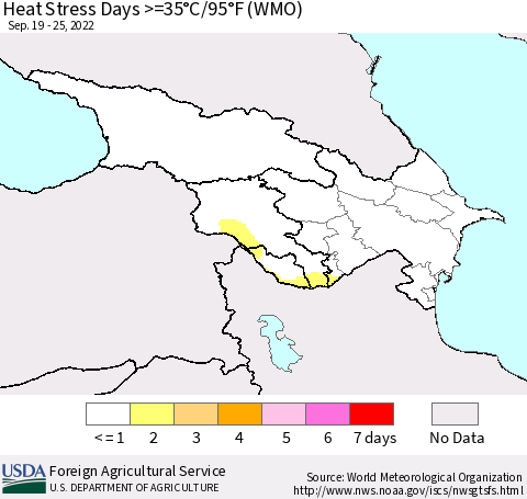 Azerbaijan, Armenia and Georgia Heat Stress Days >=35°C/95°F (WMO) Thematic Map For 9/19/2022 - 9/25/2022