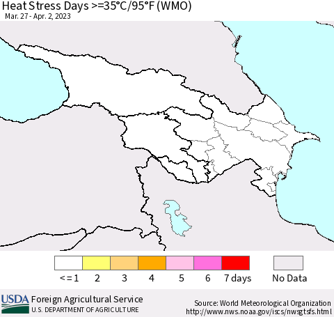 Azerbaijan, Armenia and Georgia Heat Stress Days >=35°C/95°F (WMO) Thematic Map For 3/27/2023 - 4/2/2023