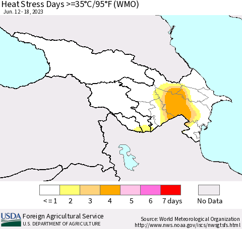 Azerbaijan, Armenia and Georgia Heat Stress Days >=35°C/95°F (WMO) Thematic Map For 6/12/2023 - 6/18/2023