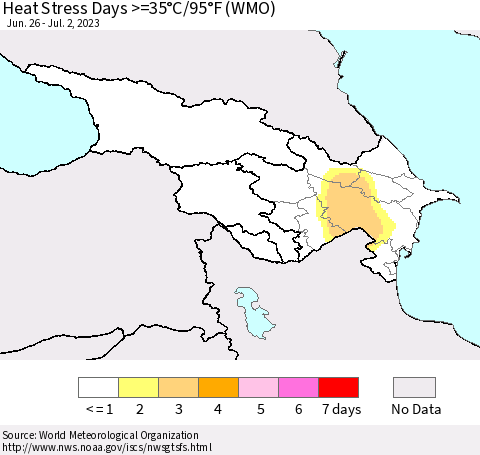 Azerbaijan, Armenia and Georgia Heat Stress Days >=35°C/95°F (WMO) Thematic Map For 6/26/2023 - 7/2/2023