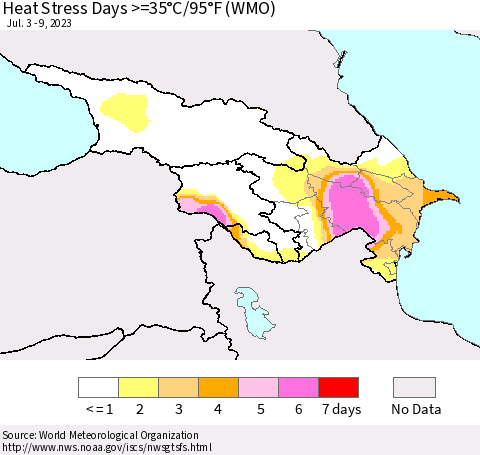 Azerbaijan, Armenia and Georgia Heat Stress Days >=35°C/95°F (WMO) Thematic Map For 7/3/2023 - 7/9/2023