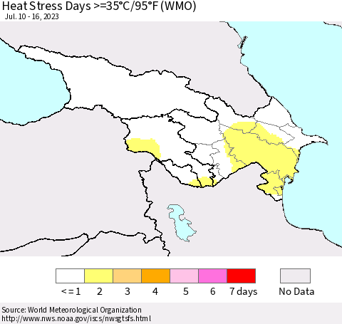 Azerbaijan, Armenia and Georgia Heat Stress Days >=35°C/95°F (WMO) Thematic Map For 7/10/2023 - 7/16/2023