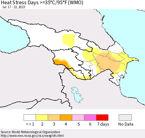 Azerbaijan, Armenia and Georgia Heat Stress Days >=35°C/95°F (WMO) Thematic Map For 7/17/2023 - 7/23/2023
