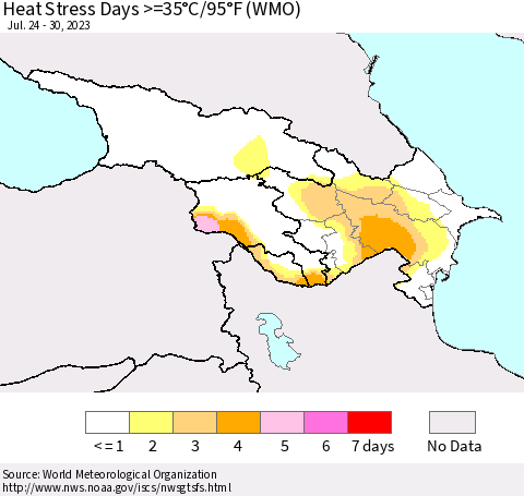 Azerbaijan, Armenia and Georgia Heat Stress Days >=35°C/95°F (WMO) Thematic Map For 7/24/2023 - 7/30/2023