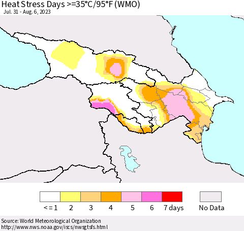 Azerbaijan, Armenia and Georgia Heat Stress Days >=35°C/95°F (WMO) Thematic Map For 7/31/2023 - 8/6/2023