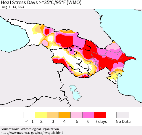 Azerbaijan, Armenia and Georgia Heat Stress Days >=35°C/95°F (WMO) Thematic Map For 8/7/2023 - 8/13/2023