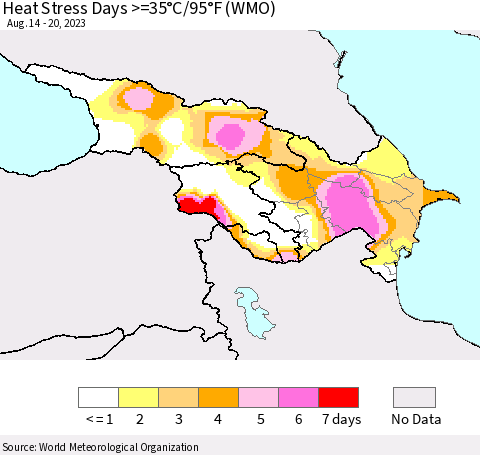 Azerbaijan, Armenia and Georgia Heat Stress Days >=35°C/95°F (WMO) Thematic Map For 8/14/2023 - 8/20/2023