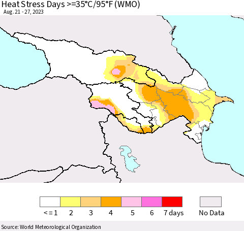 Azerbaijan, Armenia and Georgia Heat Stress Days >=35°C/95°F (WMO) Thematic Map For 8/21/2023 - 8/27/2023