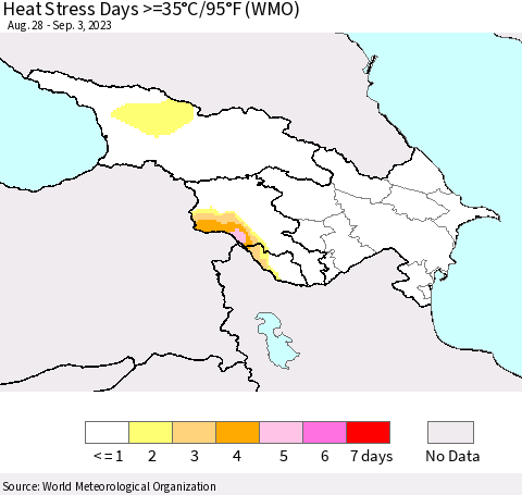 Azerbaijan, Armenia and Georgia Heat Stress Days >=35°C/95°F (WMO) Thematic Map For 8/28/2023 - 9/3/2023