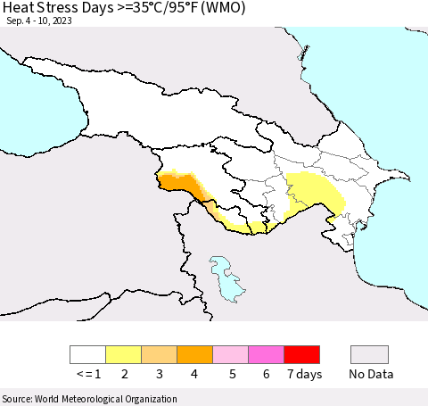 Azerbaijan, Armenia and Georgia Heat Stress Days >=35°C/95°F (WMO) Thematic Map For 9/4/2023 - 9/10/2023