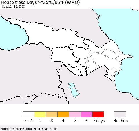 Azerbaijan, Armenia and Georgia Heat Stress Days >=35°C/95°F (WMO) Thematic Map For 9/11/2023 - 9/17/2023