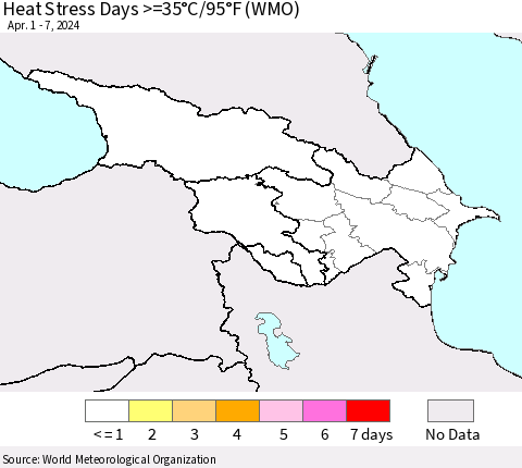 Azerbaijan, Armenia and Georgia Heat Stress Days >=35°C/95°F (WMO) Thematic Map For 4/1/2024 - 4/7/2024