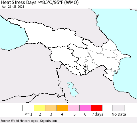 Azerbaijan, Armenia and Georgia Heat Stress Days >=35°C/95°F (WMO) Thematic Map For 4/22/2024 - 4/28/2024