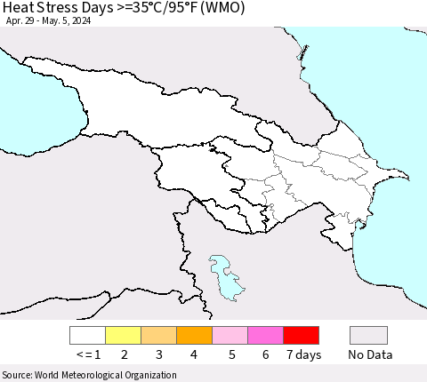 Azerbaijan, Armenia and Georgia Heat Stress Days >=35°C/95°F (WMO) Thematic Map For 4/29/2024 - 5/5/2024