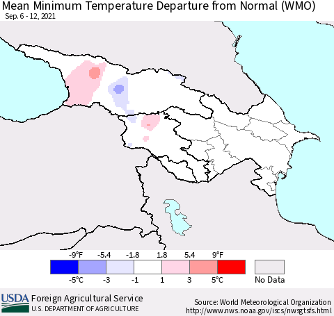 Azerbaijan, Armenia and Georgia Mean Minimum Temperature Departure from Normal (WMO) Thematic Map For 9/6/2021 - 9/12/2021
