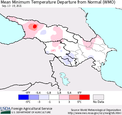 Azerbaijan, Armenia and Georgia Mean Minimum Temperature Departure from Normal (WMO) Thematic Map For 9/13/2021 - 9/19/2021