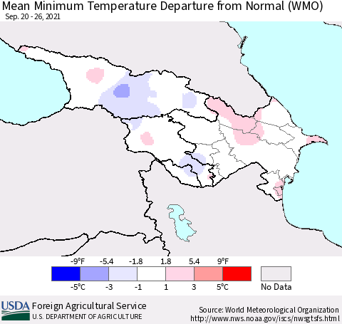 Azerbaijan, Armenia and Georgia Mean Minimum Temperature Departure from Normal (WMO) Thematic Map For 9/20/2021 - 9/26/2021