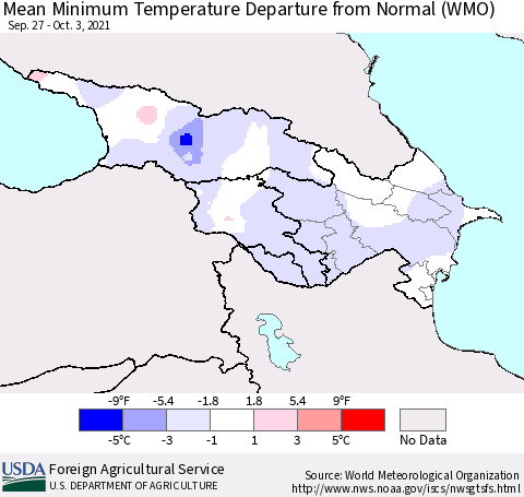 Azerbaijan, Armenia and Georgia Mean Minimum Temperature Departure from Normal (WMO) Thematic Map For 9/27/2021 - 10/3/2021