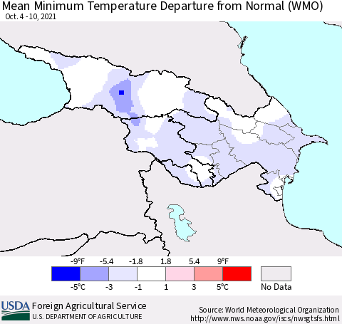 Azerbaijan, Armenia and Georgia Mean Minimum Temperature Departure from Normal (WMO) Thematic Map For 10/4/2021 - 10/10/2021