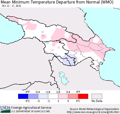 Azerbaijan, Armenia and Georgia Mean Minimum Temperature Departure from Normal (WMO) Thematic Map For 10/11/2021 - 10/17/2021