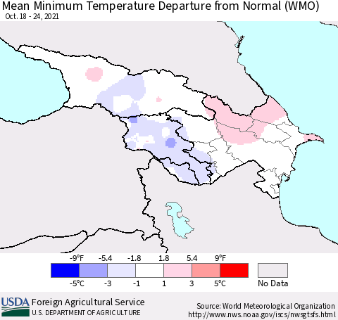 Azerbaijan, Armenia and Georgia Mean Minimum Temperature Departure from Normal (WMO) Thematic Map For 10/18/2021 - 10/24/2021