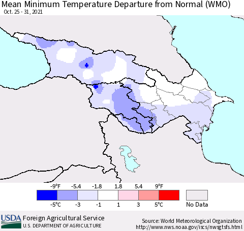 Azerbaijan, Armenia and Georgia Mean Minimum Temperature Departure from Normal (WMO) Thematic Map For 10/25/2021 - 10/31/2021