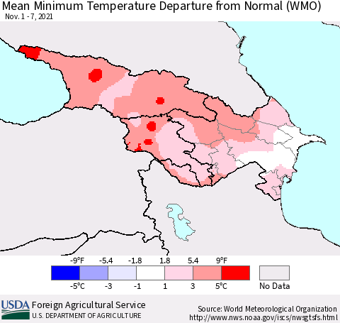 Azerbaijan, Armenia and Georgia Mean Minimum Temperature Departure from Normal (WMO) Thematic Map For 11/1/2021 - 11/7/2021