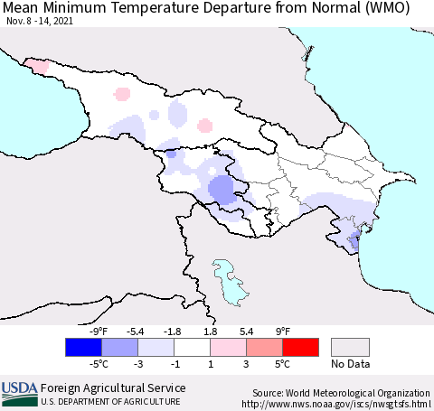 Azerbaijan, Armenia and Georgia Mean Minimum Temperature Departure from Normal (WMO) Thematic Map For 11/8/2021 - 11/14/2021