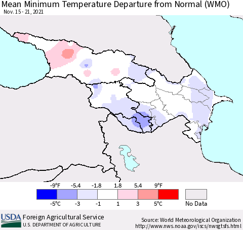 Azerbaijan, Armenia and Georgia Mean Minimum Temperature Departure from Normal (WMO) Thematic Map For 11/15/2021 - 11/21/2021
