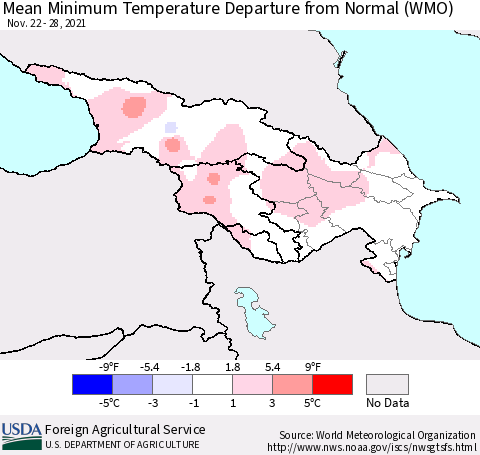 Azerbaijan, Armenia and Georgia Mean Minimum Temperature Departure from Normal (WMO) Thematic Map For 11/22/2021 - 11/28/2021