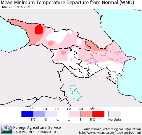 Azerbaijan, Armenia and Georgia Mean Minimum Temperature Departure from Normal (WMO) Thematic Map For 11/29/2021 - 12/5/2021