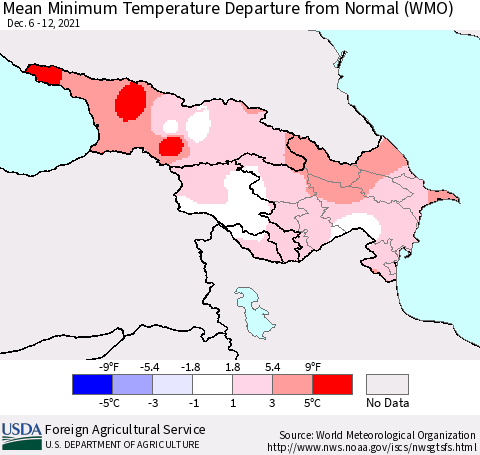 Azerbaijan, Armenia and Georgia Mean Minimum Temperature Departure from Normal (WMO) Thematic Map For 12/6/2021 - 12/12/2021