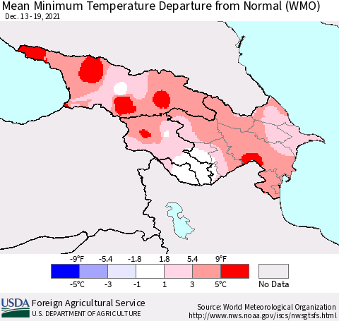 Azerbaijan, Armenia and Georgia Mean Minimum Temperature Departure from Normal (WMO) Thematic Map For 12/13/2021 - 12/19/2021